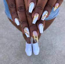 White And Gold Flakes Ombre Clear Sculpted Gel Coffin Nails Bling Nail Design By Margaritasnailz Pink White Coffin Nails White Nail Designs Gold Acrylic Nails