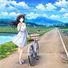 Source Material Original Content Anime Art Japan Otaku Animegirl Bike Bridge Road Sky Sundress Summer Wind Rural