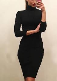 Black Draped High Neck Long Sleeve Fashion Midi Dress Black Dresses Classy Black Long Sleeve Midi Dress Black Dress With Sleeves