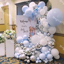 143pcs Balloon Garland Arch Pastel Blue Gray White Macaron Wedding Baby Shower Party Backdrop Tape Wall Balloons Decor Silver 4d Balloon Baby Shower Balloons Baby Shower Decorations Baby Bear Baby Shower