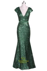 Emerald Green Cap Sleeve V Neck Sequin Long Formal Dress Prom Party Dresses Ball Dresses Evening Dresses Prom