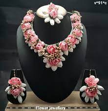 Pink Rose And White Mogra Flower Jewellery Set For Women S And Girls Flower Jewellery For Haldi Floral Jewellery Flower Jewellery