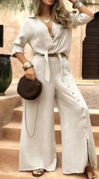 women wearing a cream shirt and cream pant