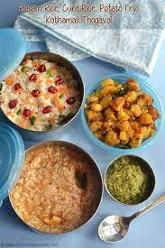 Kids Lunch Box Menu2 Rasam Rice Curd Rice Potato Fry And Coriander Thogayal Sharmis Passions Lunch Recipes Indian Lunch Box Recipes Recipes