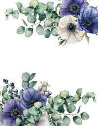Watercolor Anemone And Eucalyptus Floral Card Hand Painted Blue And Watercolor Flowers Paintings Flower Background Wallpaper Watercolor Flowers