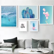 Light Blue Sea Sky Balloon Cactus Wall Art Canvas Painting Nordic Posters And Prints Decoration Picture For Living Room Decor Painting Calligraphy Aliexpress