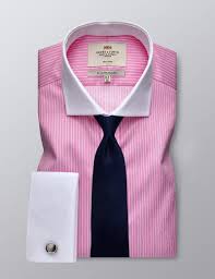 Mens Dress Pink White Bi Color Stripe Slim Fit Shirt French Cuff Windsor Collar Non Iron