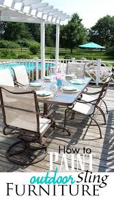 How To Paint Outdoor Furniture With Sling Seats Inmyownstyle In 2020 Painted Outdoor Furniture Outdoor Furniture Makeover Metal Patio Furniture