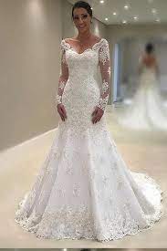 Elegant Lace V Neck Neckline Mermaid Long Sleeve Wedding Dresses With Appliques Uk Pw69 White Lace Wedding Dress Lace Wedding Dress With Sleeves Wedding Dress Sleeves