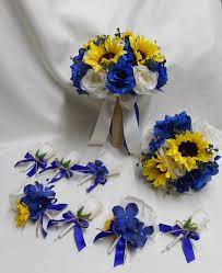 Wedding bouquets sunflowers and royal blue. Rustic Sunflower Wedding Set Of Silk Flower Sunflowers Wedding Bridal Bouquet Sunflower Roya Silk Flower Bridal Bouquet Burlap Wedding Flowers Flower Packaging