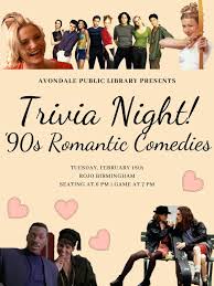 Take a look at some of the most popular themes and sample questions you can use for office team . Avondale Library Trivia Night February 18 90s Romantic Comedies