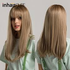 This dark brown hair with blue eyes is a great combination on deep brunette that is either short, medium, or long. Inhaircube 20 Ombre Synthetic Womens Wigs Long Straight Light Brown Medium Part With Air Bangs Pastel Wig Realistic Scalp Buy At The Price Of 16 95 In Aliexpress Com Imall Com