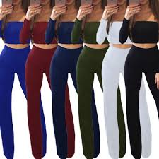 2019 Winter Womens Sexy Off Shoulder Two Piece Pants Microfiber Long Sleeve Back Hollow Out Crop Top And Long Flare Pant Set For Party From