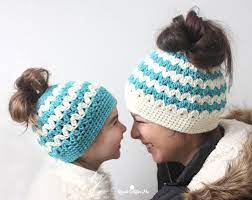 Crochet Mommy And Me Messy Bun Hats Repeat Crafter Me Messy Bun Hat Crochet Pattern Crochet Bun Hat Crochet Ponytail Hat Pattern