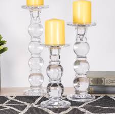 Set Of 3 Bubble Stem Glass Taper And Pillar Candle Holders
