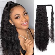 What are synthetic hair extensions? Amazon Com Aisi Queens Long Ponytail Extensions For Black Women Synthetic 22 Inch Curly Wrap Around Black Ponytail Corn Wave Ponytail Hairpiece Magic Paste Black Ponytail Color 1b Beauty