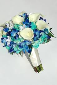 A peach color palette is perfect for a spring or summer wedding! Modern Galaxy Blue Orchid Calla Lily Hydrangea Bridal Bouquet Wedding Pinterest