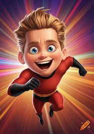 Dash Parr, a cartoon superhero boy, running forward with a wide smile  against a bright, colorful streaking background.
