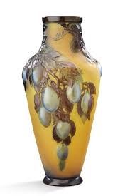 An Art Nouveau Glass Vase By Emile Galle Circa 1900 The Moulded Glass With Relief Decoration Of Blue Plums On Opaque Yellow Backg Art Du Verre Lalique Vases