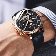 Skeleton Mechanical Watch Men Automatic Classic Rose Gold Leather Mechanical Wrist Watche Automatic Watches For Men Mechanical Watch Men Luxury Watches For Men