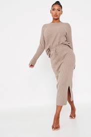 Mocha Rib Knit Jumper And Skirt Set Shopperboard