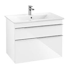 Curved design bathroom cabinet with sandblasted glass top. Vanity Units Reuter Com