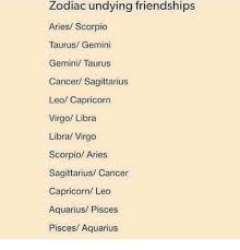Check spelling or type a new query. Zodiac Undying Friendships Aries Scorpio Taurus Gemini Gemini Taurus Cancer Sagittarius Leo Capricorn Virgo Libra Libra Virgo Scorpio Aries Sagittarius Cancer Capricorn Leo Aquarius Pisces Pisces Aquarius Aquarius Meme On Me Me