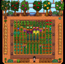 The Greenhouse With Each Kind Of Fruit Tree And Every Crop Flower Stardew Valley Greenhouse Design Stardew Valley Stardew Valley Farms Stardew Valley Layout