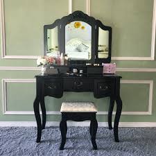 Amazon Com Blongang Vanity Makeup Table Set Vanities Set Tri Folding Mirror With Stool 5 Drawers Dressing Bedroom Vanity Set Vanity Table Set Vanity For Sale