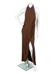 His most popular designs were often repeated in a variety of luxurious fabrics—silk chiffons, crepes, jerseys, hammered satin, and even cashmere knits. Sold Price Halston Dress 1970s Brown Long Backless Halter Dress Wi July 1 0119 10 00 Am Cdt