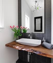 This simple wood slab rustic vanity shows the harmony between natural elements such as wood, stone, and steel. Rustic Natural Edge Timber Slab For This Vanity Top Beautiful Colour Combination Modern Powder Room Powder Room Design Contemporary Bathrooms