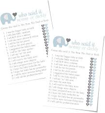 Interesting baby shower questions and answers · babies can taste sweet and sour, but it is only by 3 to 4 months of age that their taste buds can . Buy Elephant Mommy Or Daddy Game Cards For Boys Baby Shower 25 Pack Who Said Parent Guessing Activity Royal Jungle Animal Theme Supplies Blue And Grey Printed 5 X 7