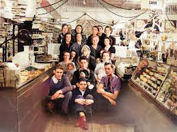 Merry Christmas from the Trimmers 5 & 10 cent store circa 1939 first row  l-r: William Denisar, William Stenger, & Nevin Overcash 2nd row: Margaret  (Grove) Alleman, Jack Hawley, Marian Mosser 3rd