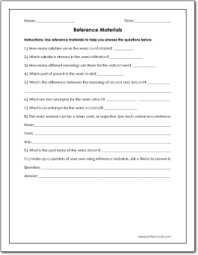 For example, one tag may read word reference found in a book, and the student would locate a glossary. Reference Materials Worksheet