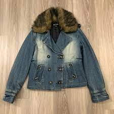 Coffee shop faux fur hood jacket. Coffee Shop Womens Large Faux Fur Denim Jean Peacoat Gem
