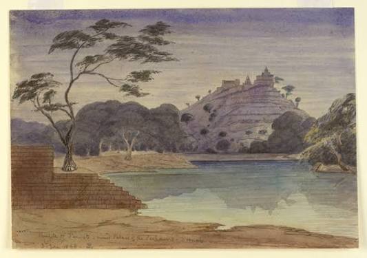 RBSI - Water-colour painting of the Palace of the Peshwas and temple of Parvati at Poona (Pune) by Stanley Leighton (1837-1901), 3 January 1868. Inscribed on the front in pencil is: 'Temple