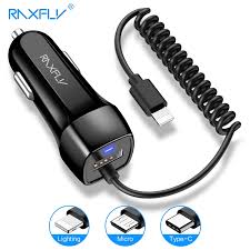 Raxfly Car Charger Usb Cable For Iphone With Cable Micor Usb Car Charger Type C Micro Usb Lighting Spring Cabel Phone Charging Car Chargers Aliexpress