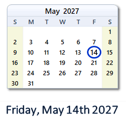 May 14, 2027 Calendar with Holidays & Count Down - USA