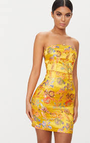 Mustard Oriental Satin Bandeau Lace Up Back Bodycon Dress Prettylittlething Usa Bodycon Dress Fashion Oriental Dress