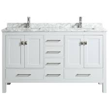 This master bathroom double sink vanity is lit by a strip of warm white leds, as well as two modern bathroom pendants. Eviva London 60 X 18 White Transitional Double Sink Bathroom Vanity W White Carrara Top Bathroom Vanities Modern Vanities Wholesale Vanities