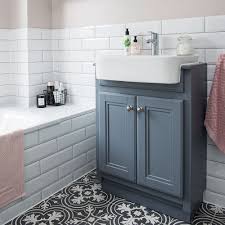Patterned floor tiles in bathroom. Bathroom Makeover With Patterned Floor Tiles And Blush Walls
