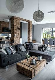 Open Spaced Grey Living Room With Brick Walls And Raw Wooden Table Modern Living Room Interior Modern Furniture Living Room Farm House Living Room