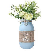 Amazon Com It S A Boy Mason Jar Centerpiece Light Blue Painted And Distressed Mason Jar Wrapped In Burlap Silk Flowers Included Baby Shower Centerpiece Handmade Products