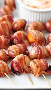Party Recipe Bacon Wrapped Potato Bites With Spicy Sour Cream Dipping Sauce Recipe Recipes Food Potato Bites