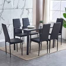 Don't forget to bookmark kitchen table with 6 chairs using ctrl + d (pc) or command + d (macos). Boju Black Dining Table And 6 Chairs Kitchen Dining Room Set Modern Glass Tabletop Metal Frame 6 Black Chairs High Back Faux Leather For Office Home Furniture Buy Online In Burundi At