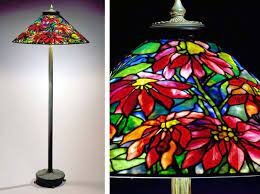 Commissioned in 2008 by a client in illinois, this lush 18″ poinsettia has a deep blue fracture glass background peeking through the the red poinsettias are a mix of textured and smooth red glasses. Sold Price Tiffany Studios Patinated Bronze And Leaded Favrile Glass Poinsettia Floor Lamp September 3 0104 12 00 Am Edt