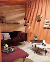 Wohnzimmer Terrakotta Marsala Bunte Farbe Wand Orange Sofa Burgund Tisch Homeland Innendekoration Wohnung Wohnen