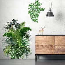 This is an example of a tropical guest bedroom in sydney with blue walls, painted wood floors and white floor. Amazon Com Green Plants Wall Sticker Tanoky Removable Waterproof Tropical Wall Decor For Bedroom Sofa Background Pvc Decorations Safe On Walls Easy Peel Green Kitchen Dining