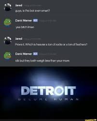 U Guys Is This Bot Even Smart Dank Memer Jared Prove It Which Is Heavier A Ton Of Rocks Or A Ton Of Feathers Idk But They Both Weigh
