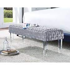 We offer upholstered end of bed storage benches at sale prices. Grey Woven Velvet Bench Acrylic Legs Velvet Bench Upholstered Bench Bedroom Bench Modern